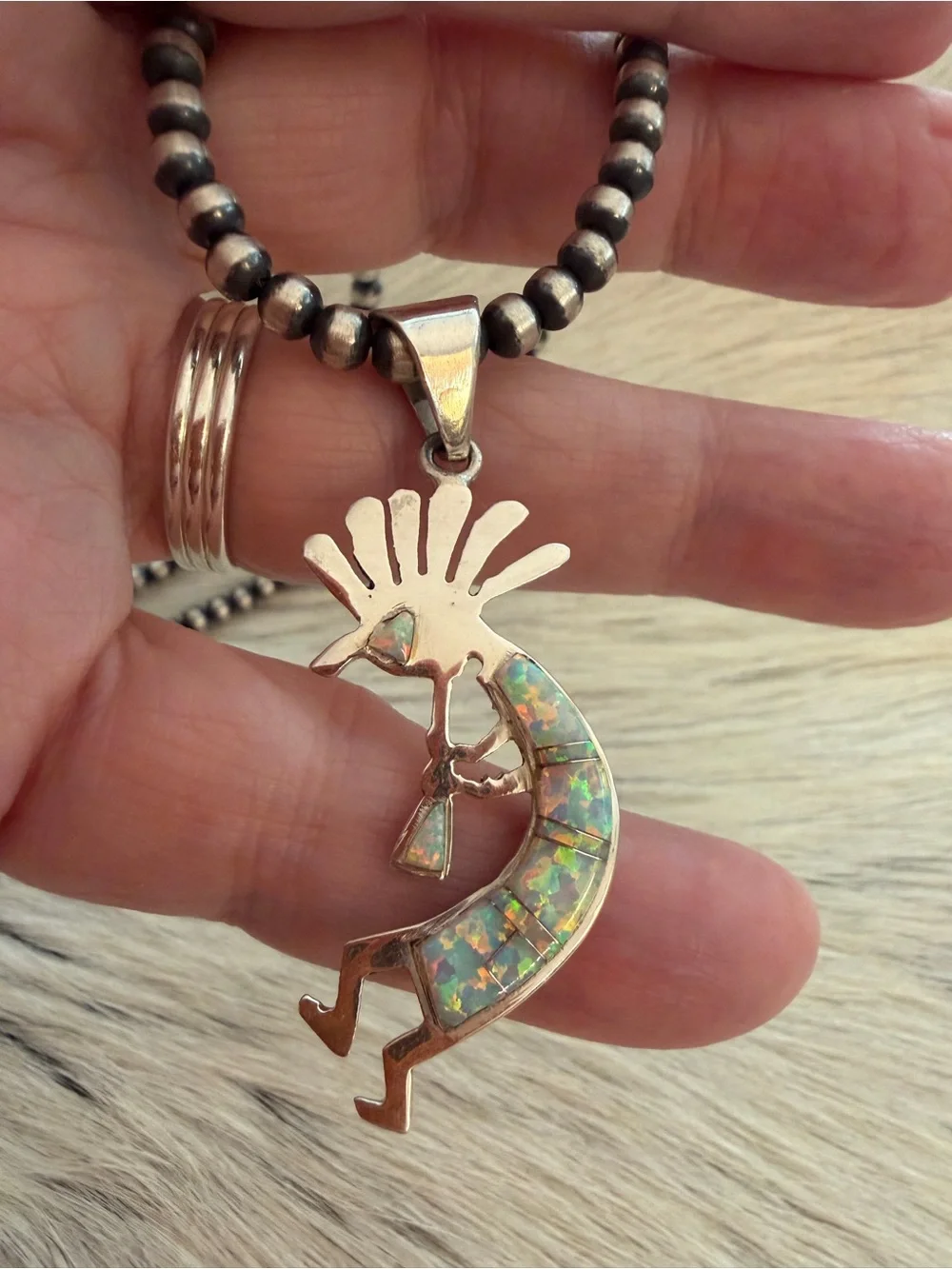 ❤️ Navajo Signed Zuni Style Kokopelli Multistone & Fiery Lab Opal 925 Pendant